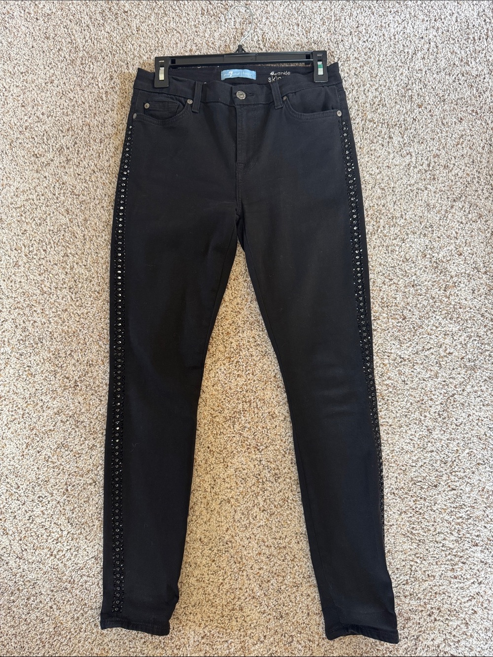 7 For All Mankind Women's Black Skinny Jeans with Side Stud Detail Size 27